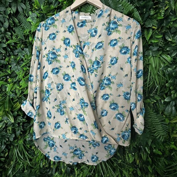 PINKLINE Tops Women Small Beige‎ Blouse Floral Blue Detail Faux Wrap Sheer  0726 - Picture 6 of 9